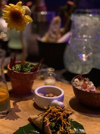 Close-up of potted molecular food on table