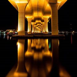 Reflection of illuminated lights in puddle