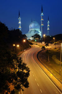 High angle view of road leading towards sultan salahuddin abdul aziz mosque at night