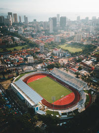 High angle view of buildings in city