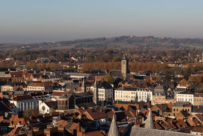 High angle shot of townscape against sky