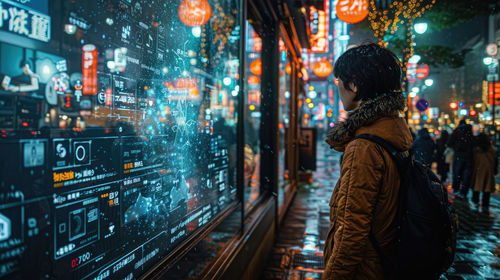 Rear view of people walking in city at night