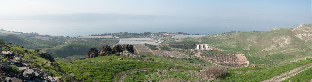 High angle view of town against sky