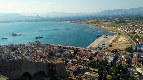 High angle view of city at waterfront