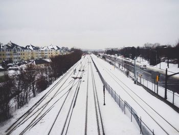 Railroad tracks on snow covered landscape