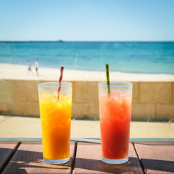 Close-up of drink on table at swimming pool