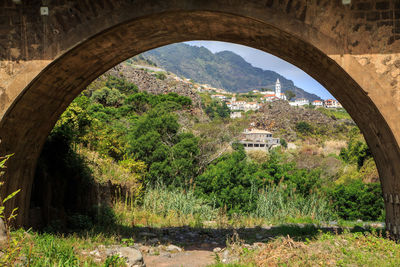 Trees and buildings seen through arch