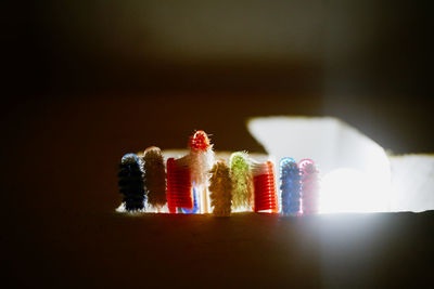 Close-up of multi colored candies on table