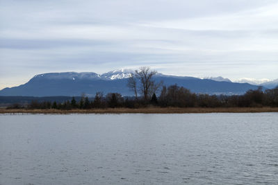 Scenic view of lake by snowcapped mountains against sky