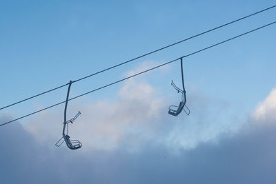 Low angle view of overhead cable car against sky