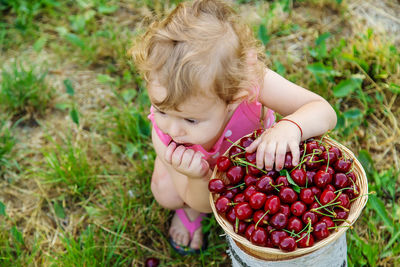 High angle view of cute girl eating cherry sitting outdoors