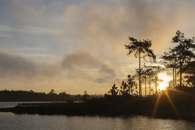 Silhouette trees by lake against sky during sunset