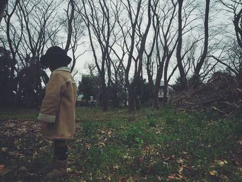 Bare trees on grassy field