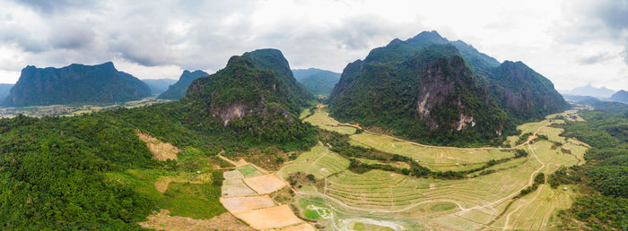 Panoramic view of landscape and mountains against sky