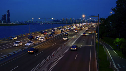 High angle view of traffic on highway at night