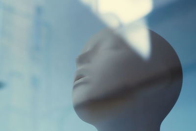 Low angle view of mannequin seen through glass