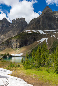 Scenic view of lake by mountains against sky