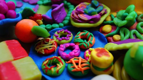Close-up of colorful food made from clay