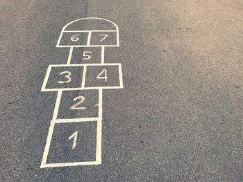 High angle view of hopscotch board drawn on road