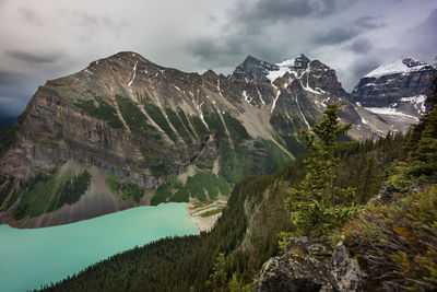 Scenic view of mountains and lake against cloudy sky at banff national park
