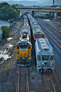 High angle view of train on railroad tracks in city