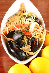 High angle view of noodles in bowl on table