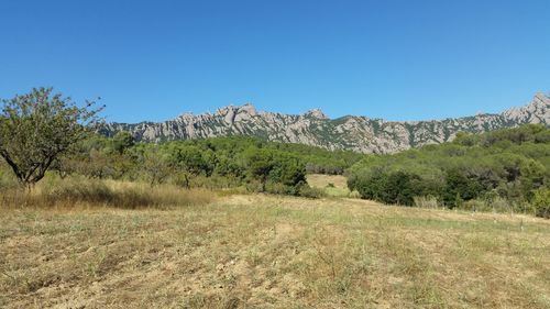 Countryside landscape against mountain range