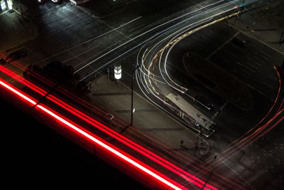 High angle view of light trails on road in city