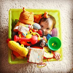 Multi colored toys on table