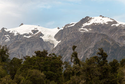 Scenic view of snow covered mountains against sky