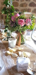 High angle view of potted plants on table