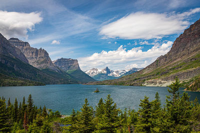 Scenic view of lake and mountains against sky