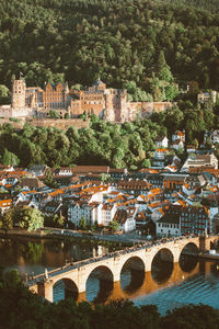 Aerial view of townscape by river against sky