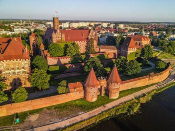 High angle view of townscape against sky in city