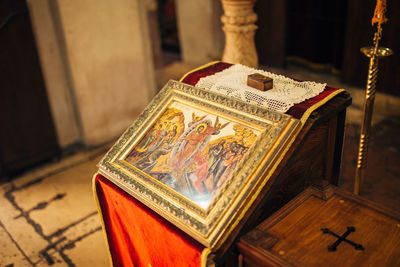 High angle view of text on table at temple