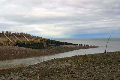Scenic view of beach and breakwater against sky