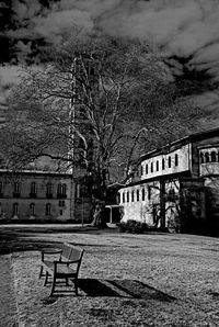 Empty benches in front of church