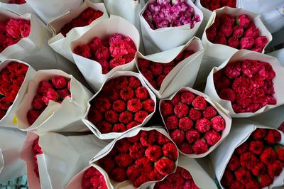 High angle view of roses in bouquet
