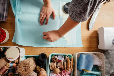 High angle view of people on table