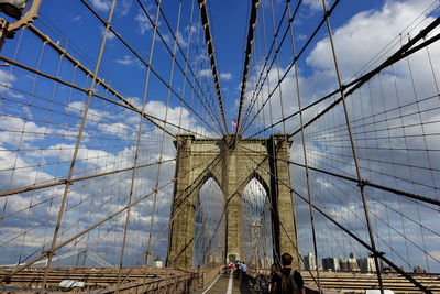 View of suspension bridge against cloudy sky