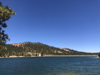 Scenic view of lake against clear blue sky