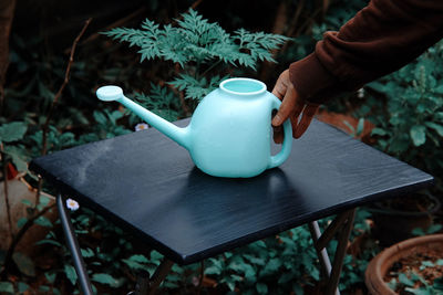 Holding a watering pot on the table.