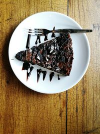 High angle view of cake in plate on table