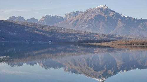 Scenic view of lake and snowcapped mountains against sky