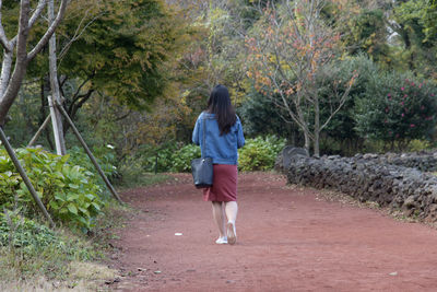 Rear view of woman walking on footpath leading towards trees 