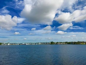 Scenic view of sea by buildings against sky
