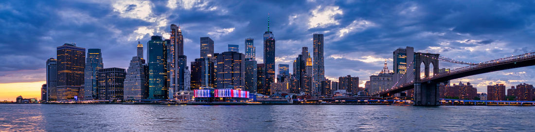 Panoramic view of bridge over river by buildings against sky