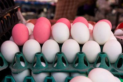 Close-up of eggs on carton during easter