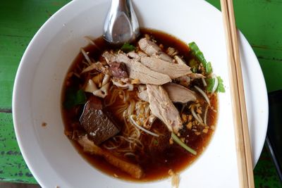 High angle view of soup in bowl on table