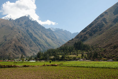 Scenic view of field and mountains against sky